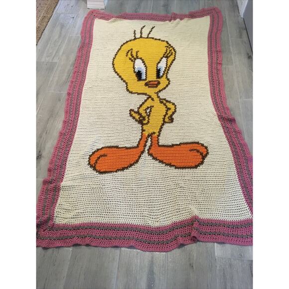 Tweety Bird Vtg Handmade Knit Crochet Baby Blanket Throw Nursery 40" X 70" - Picture 5 of 11